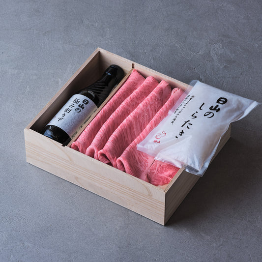 すき焼用:国産黒毛和牛(肩ロース)極み割り下、しらたき付き【折詰】450g