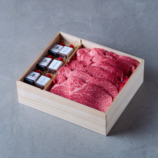 よろにく/日山コラボ 黒毛和牛(ヒレざんまい)特製タレ付き【折詰】480g